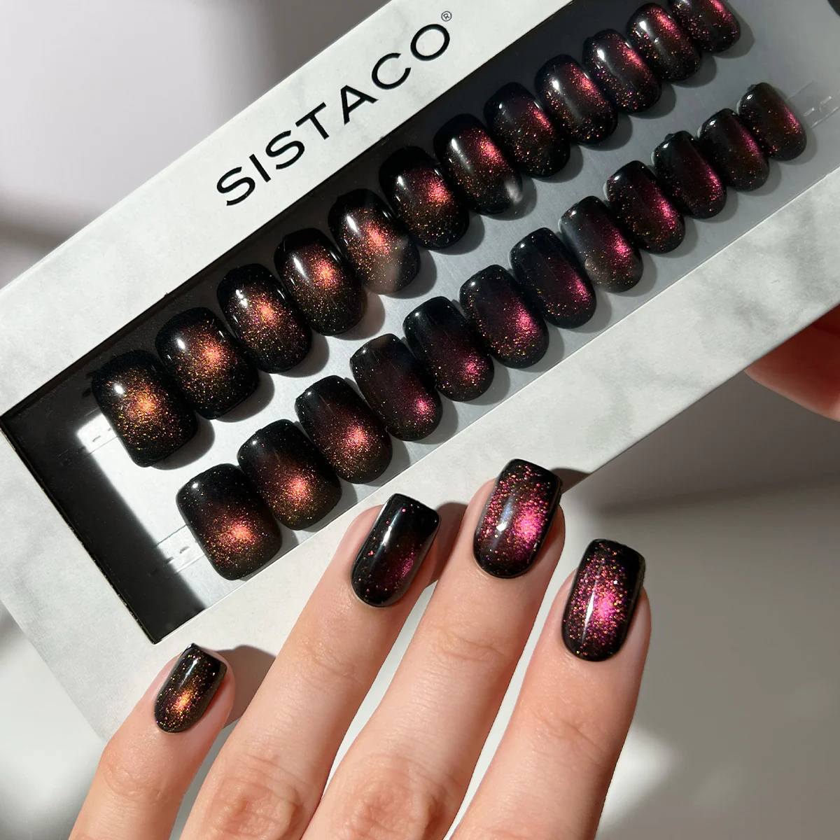 Ruby Cats Eye - Square Sustainable Nails - Image 3